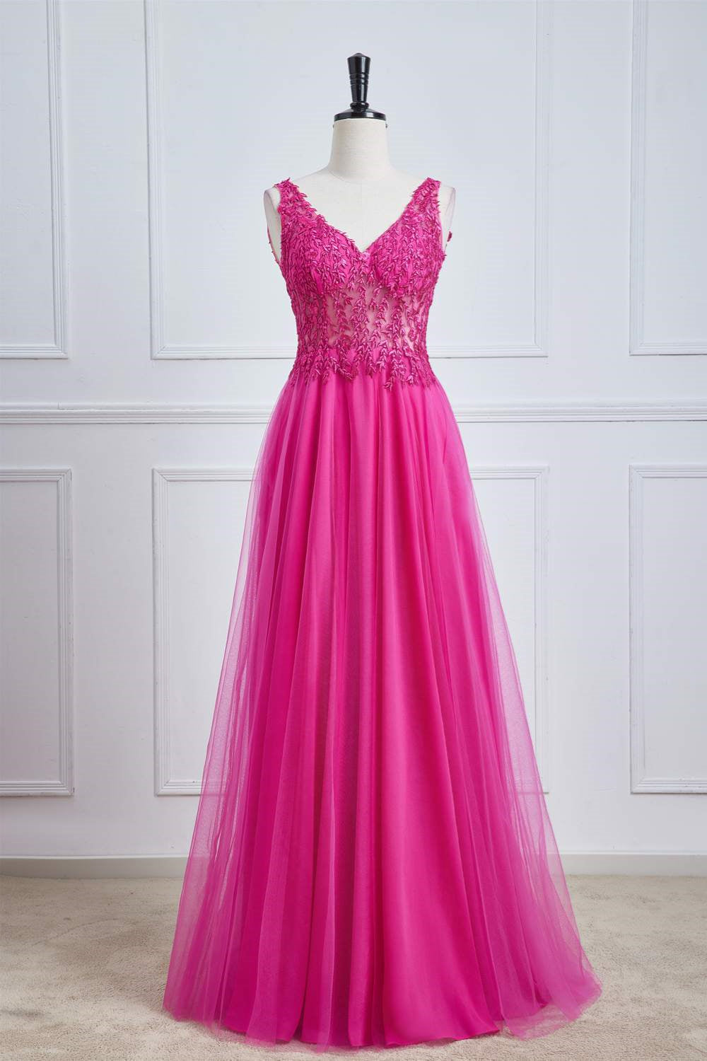 V-Neck Fuchsia Lace Appliques A-Line Formal Dress