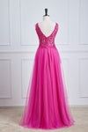 V-Neck Fuchsia Lace Appliques A-Line Formal Dress