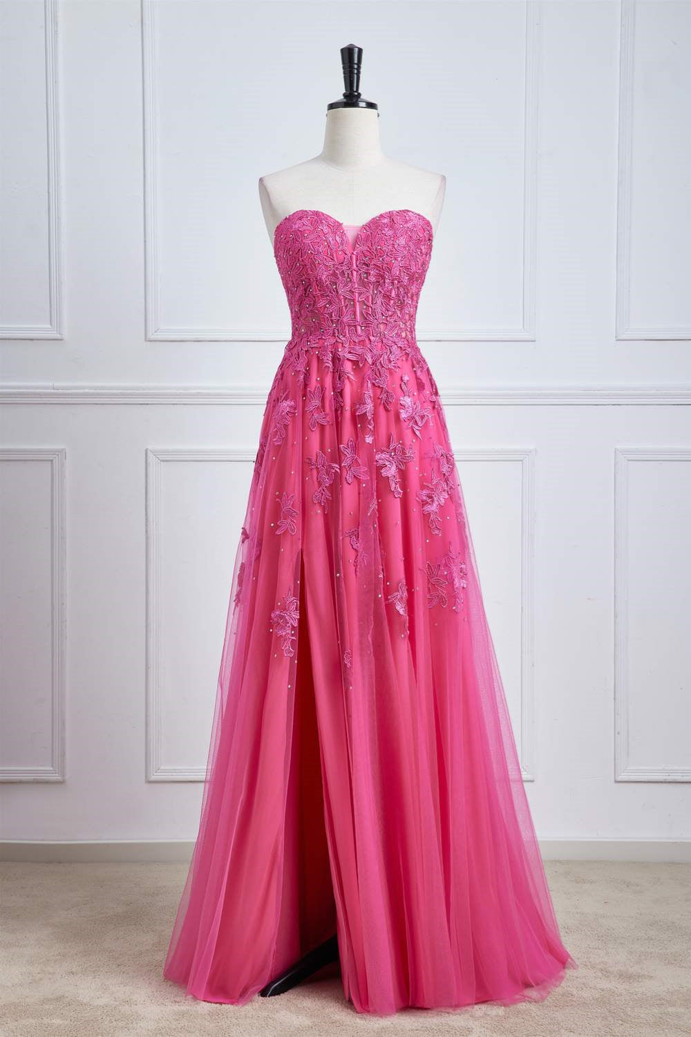 Sweetheart Hot Pink Lace Corset Prom Dress with Slit