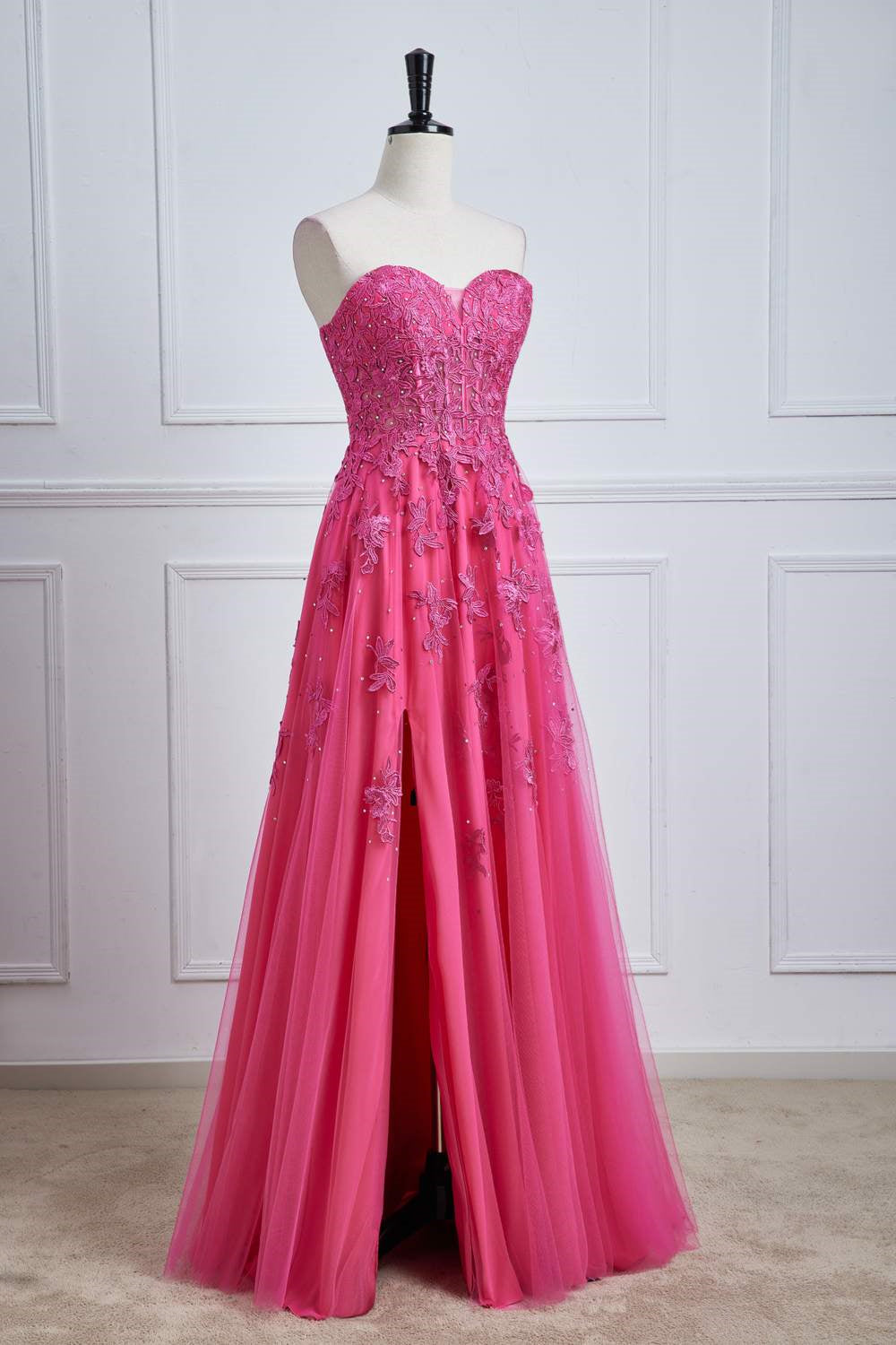 Sweetheart Hot Pink Lace Corset Prom Dress with Slit – FancyVestido