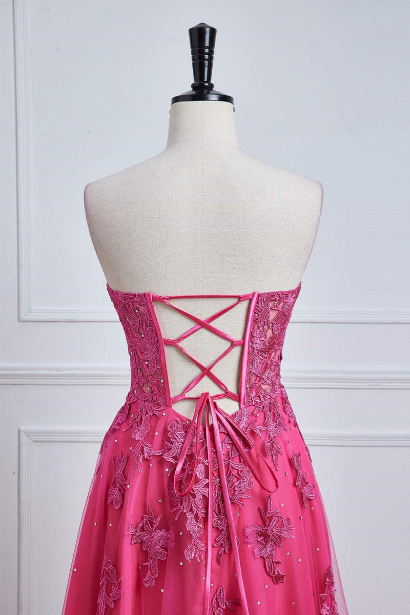 Sweetheart Hot Pink Lace Corset Prom Dress with Slit