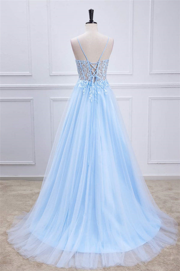 Lace-Up Light Blue Sheer Corset A-Line Formal Dress