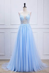 Lace-Up Light Blue Sheer Corset A-Line Formal Dress