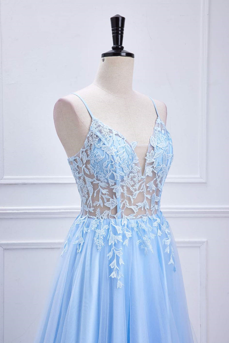 Lace-Up Light Blue Sheer Corset A-Line Formal Dress