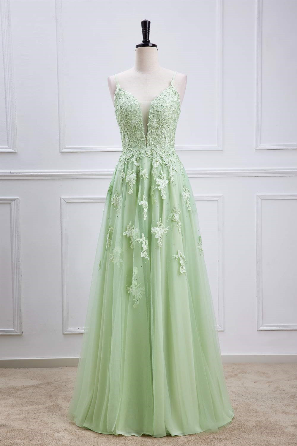 Plunging V-Neck Sage Green Straps Appliques Tulle Prom Dress