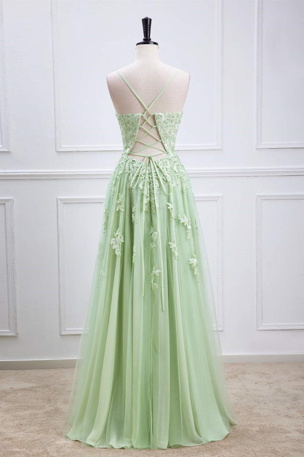 Plunging V-Neck Sage Green Straps Appliques Tulle Prom Dress