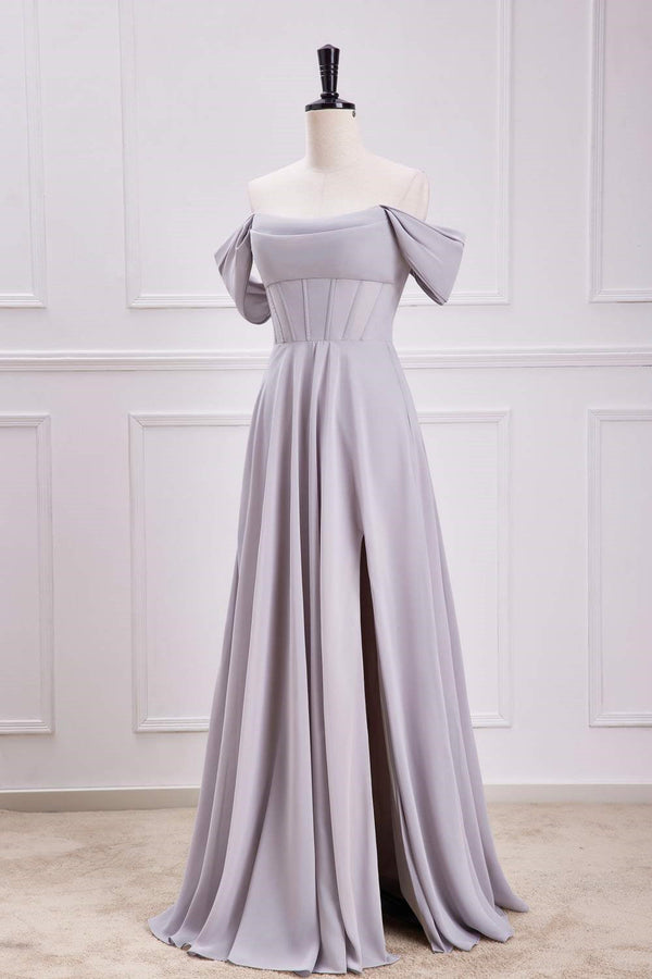 Grey Off the Shoulder Chiffon A-Line Bridesmaid Dress