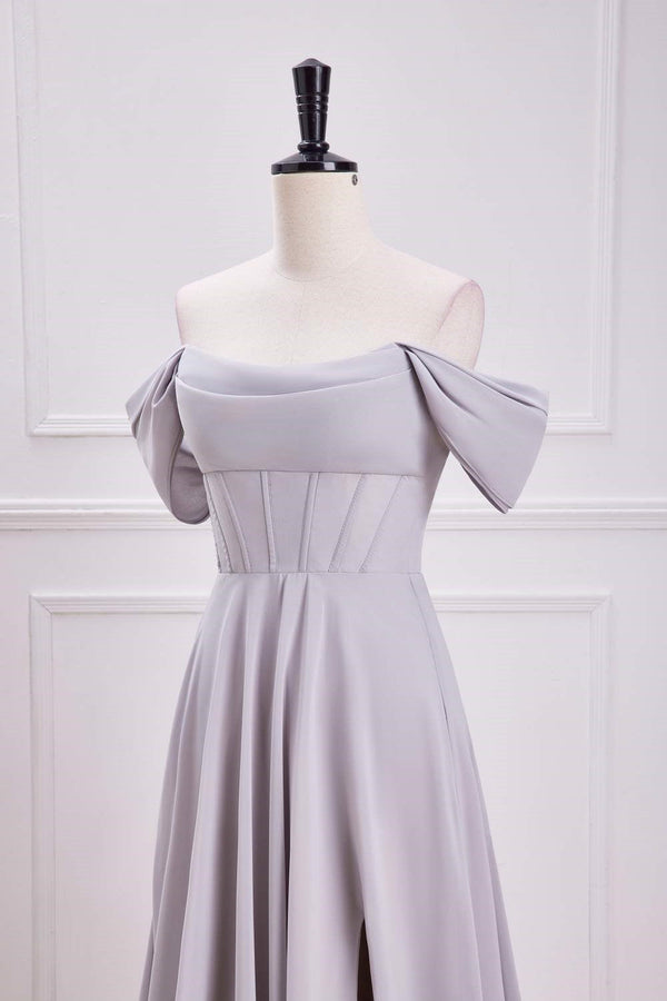 Grey Off the Shoulder Chiffon A-Line Bridesmaid Dress