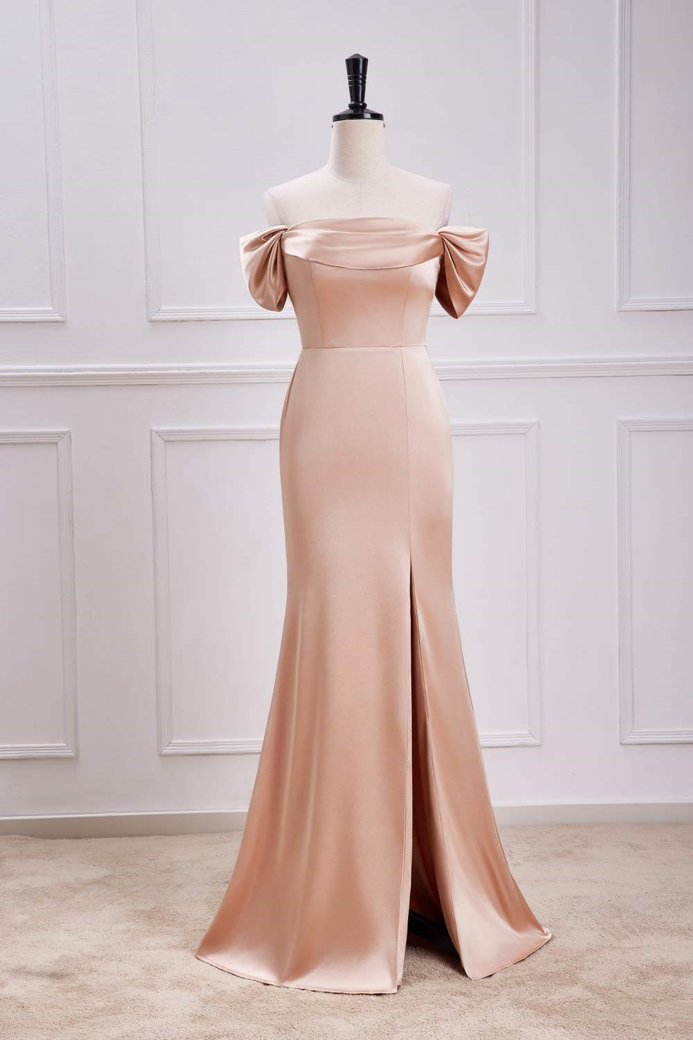 Mermaid Champagne Off the Shoulder Satin Bridesmaid Dress