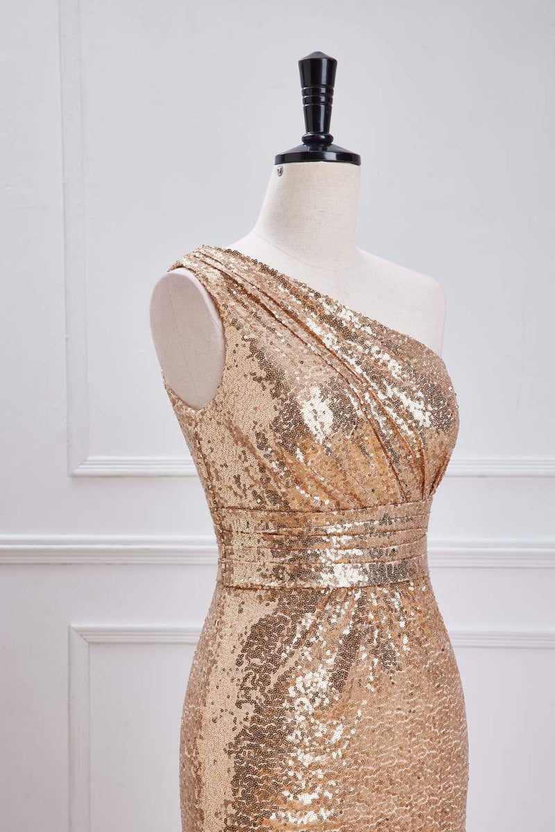 One Shoulder Pleated Gold Sequin Mermaid Bridesmaid Dress