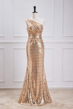 One Shoulder Pleated Gold Sequin Mermaid Bridesmaid Dress