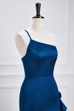Blue One Shoulder Ruffle Satin Mermaid Maxi Dress