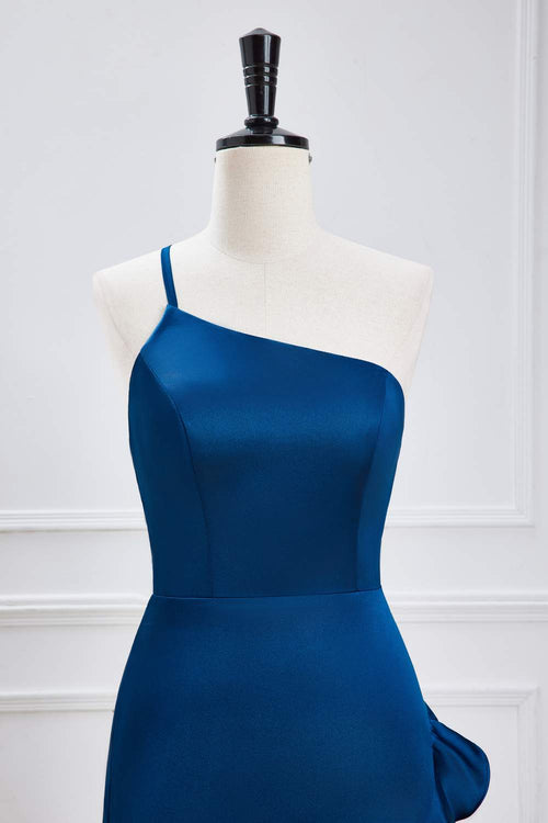 Blue One Shoulder Ruffle Satin Mermaid Maxi Dress