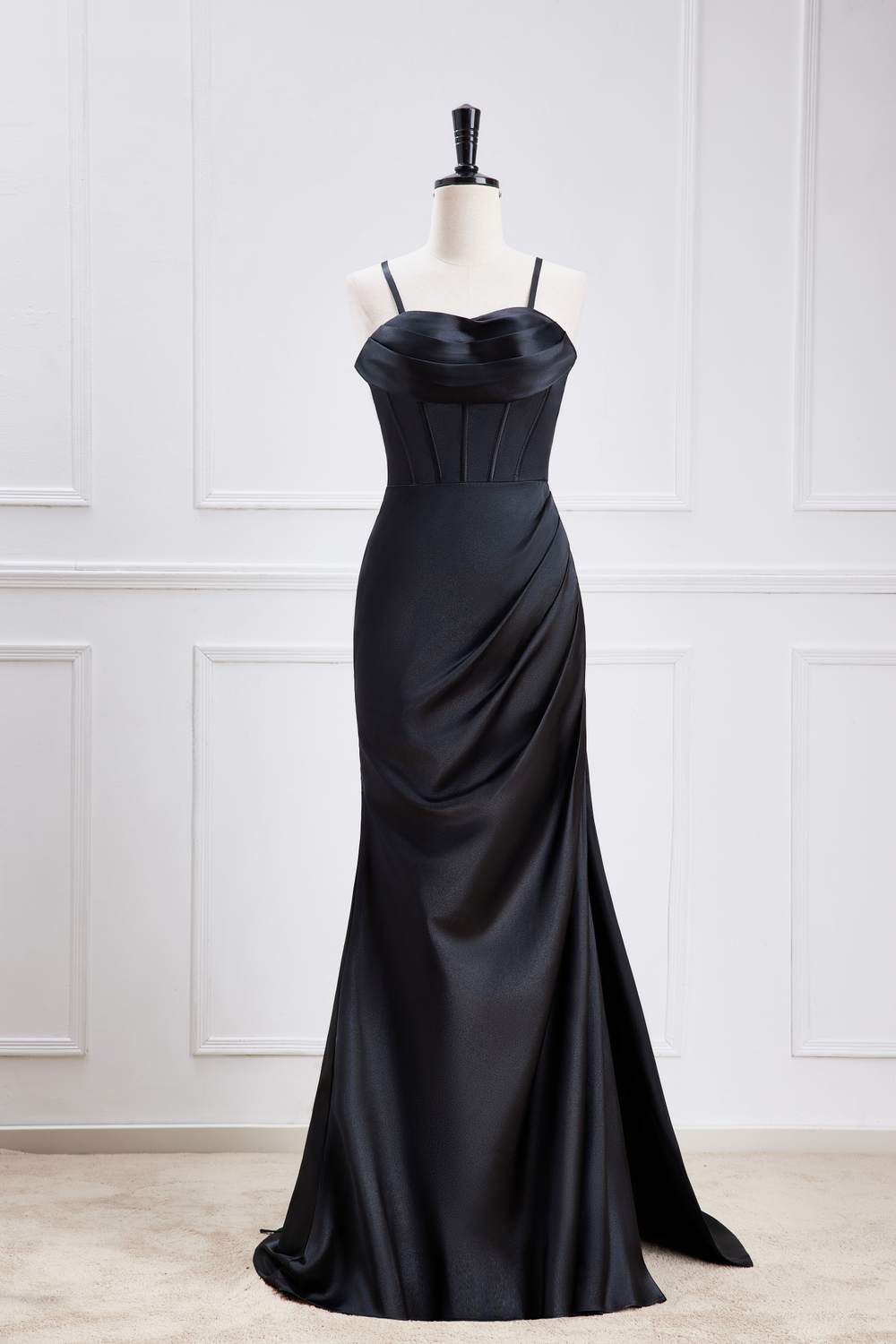 Straps Black Satin Mermaid Bridesmaid Dress with Slit