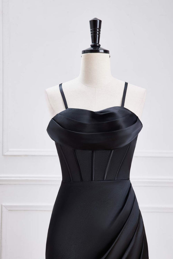 Straps Black Satin Mermaid Bridesmaid Dress with Slit