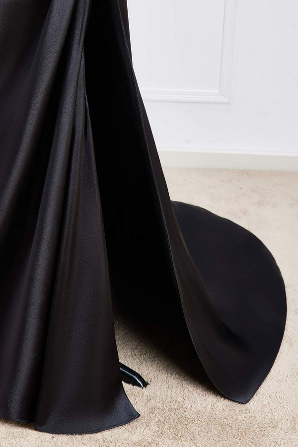 Straps Black Satin Mermaid Bridesmaid Dress with Slit