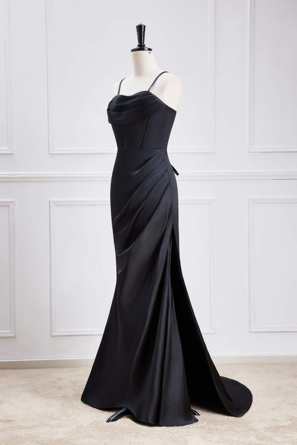 Straps Black Satin Mermaid Bridesmaid Dress with Slit