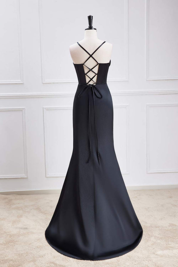 Straps Black Satin Mermaid Bridesmaid Dress with Slit