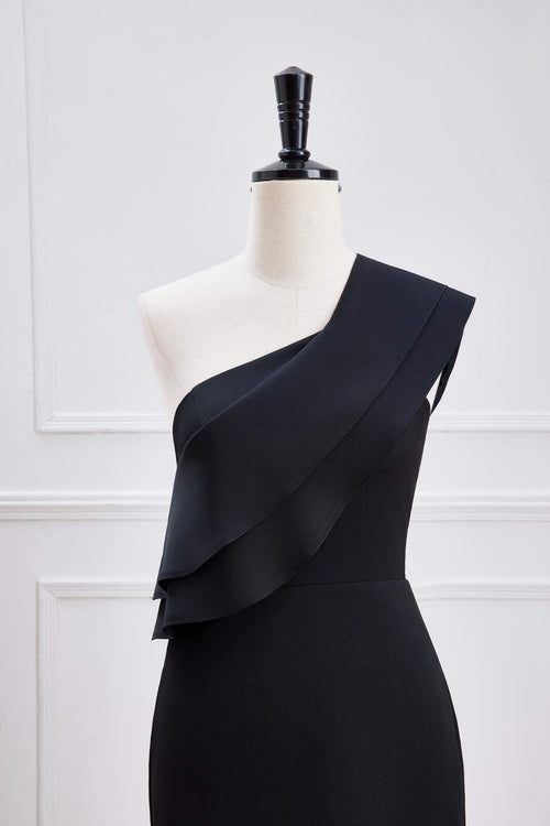 Ruffled One Shoulder Black Chiffon Maxi Dress