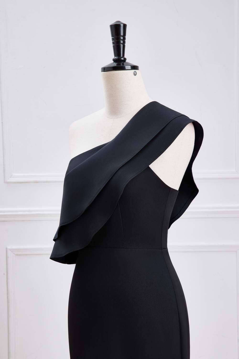Long Chiffon Dress with One Ruffle Shoulder Moss