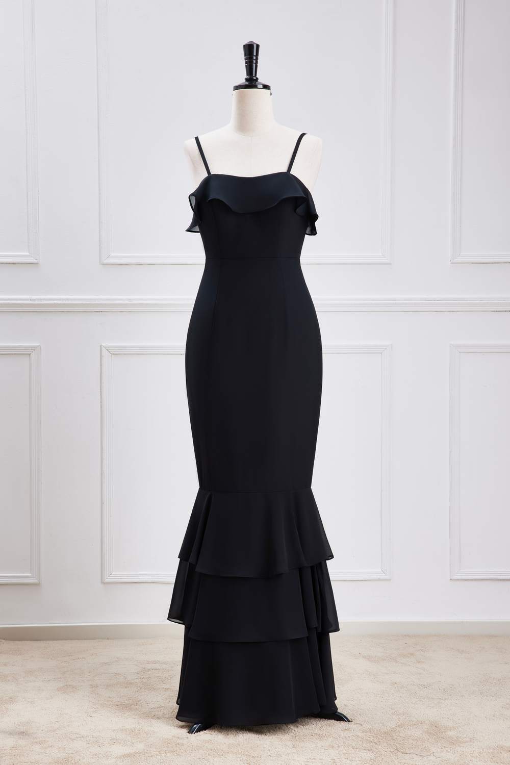 Black Straps Ruffle Multi-Layer Chiffon Maxi Dress FancyVestido Black Straps Ruffle Multi-Layer Chiffon Maxi Dress FancyVestido
