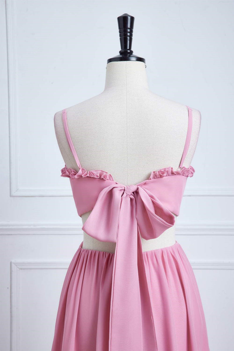 Straps Powder Pink Bow Tie Back Ruffle Chiffon Maxi Dress
