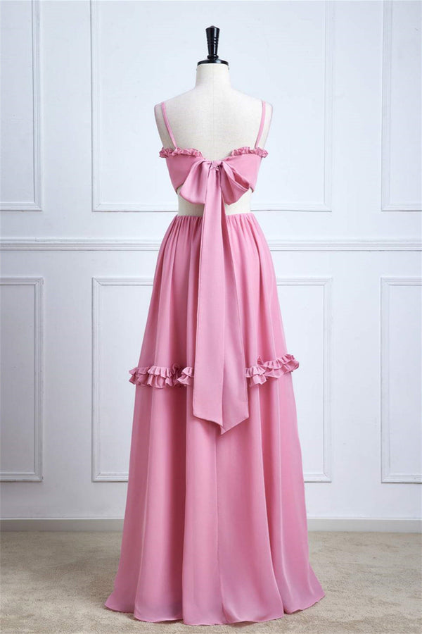 Straps Powder Pink Bow Tie Back Ruffle Chiffon Maxi Dress