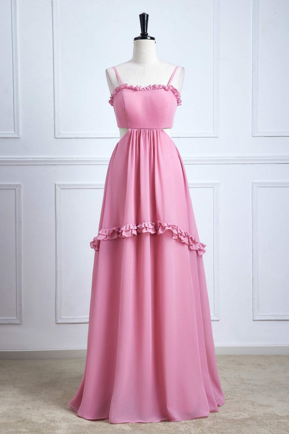 Straps Powder Pink Bow Tie Back Ruffle Chiffon Maxi Dress