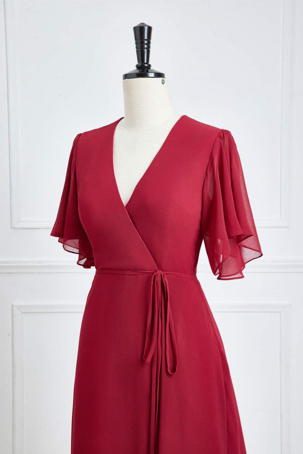 Surplice Neck Wine Red Flutter Sleeves Chiffon Bridesmaid Dress