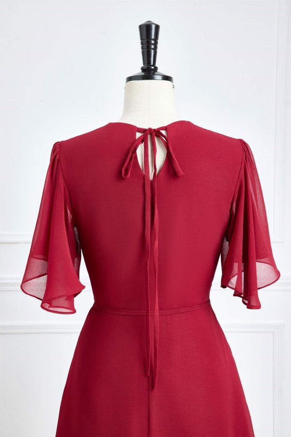 Surplice Neck Wine Red Flutter Sleeves Chiffon Bridesmaid Dress