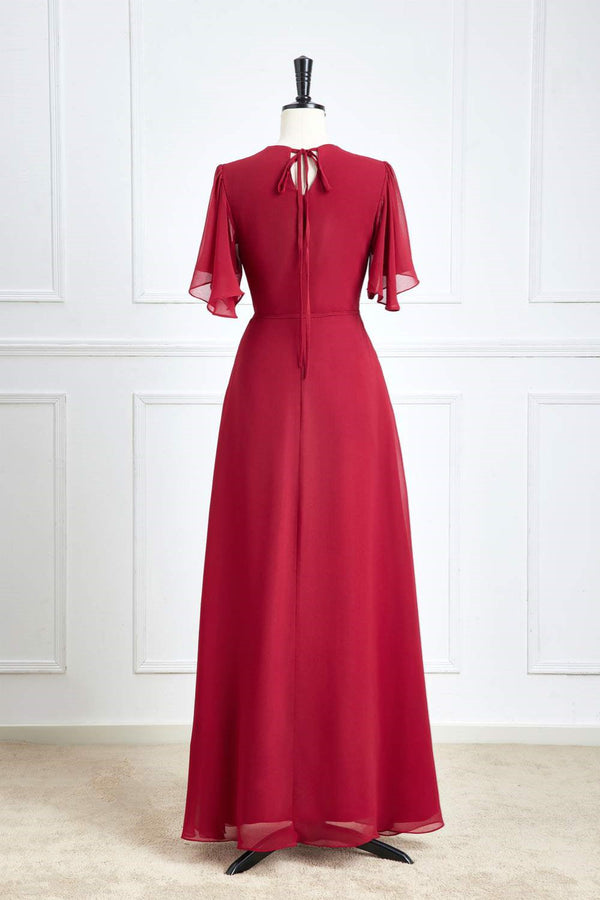 Surplice Neck Wine Red Flutter Sleeves Chiffon Bridesmaid Dress