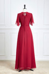 Surplice Neck Wine Red flutter sleeves Chiffon Bridesmad Dress