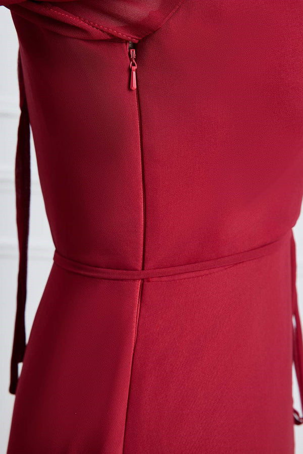 Surplice Neck Wine Red Flutter Sleeves Chiffon Bridesmaid Dress