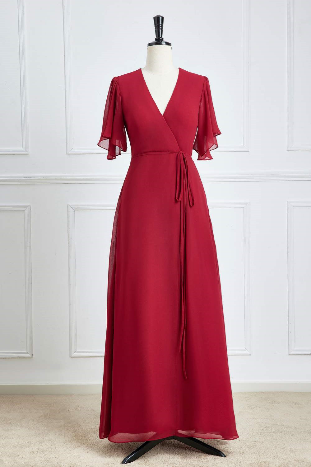 Surplice Neck Wine Red Flutter Sleeves Chiffon Bridesmaid Dress FancyVestido Surplice Neck Wine Red Flutter Sleeves Chiffon Bridesmaid Dress FancyVestido