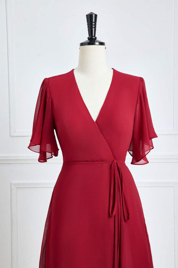 Surplice Neck Wine Red Flutter Sleeves Chiffon Bridesmaid Dress