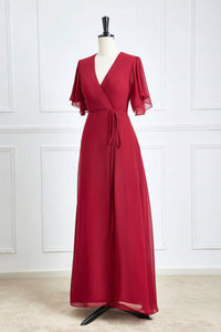 Surplice Neck Wine Red Flutter Sleeves Chiffon Bridesmaid Dress
