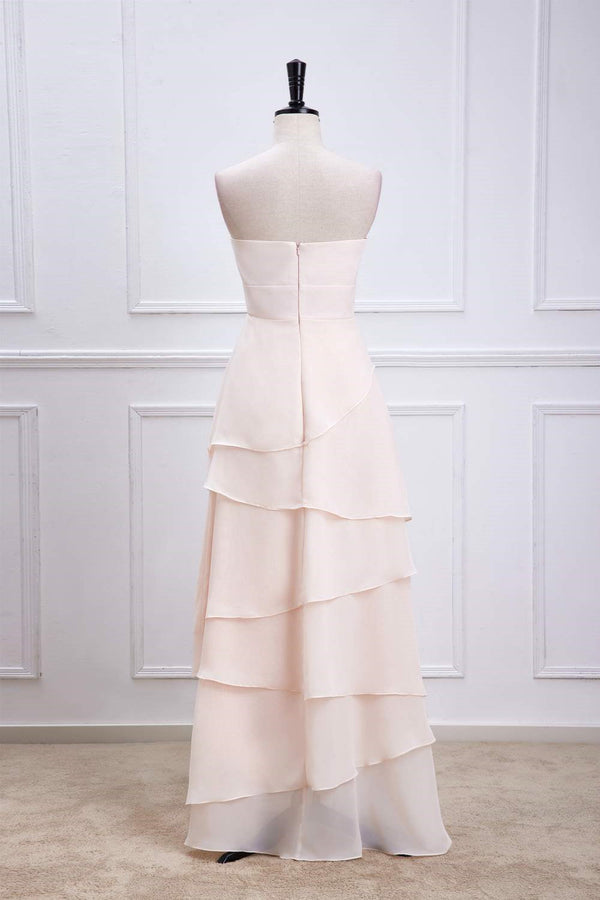 Strapless Peach Layered Chiffon Bridesmaid Dress with 3D Flowers
