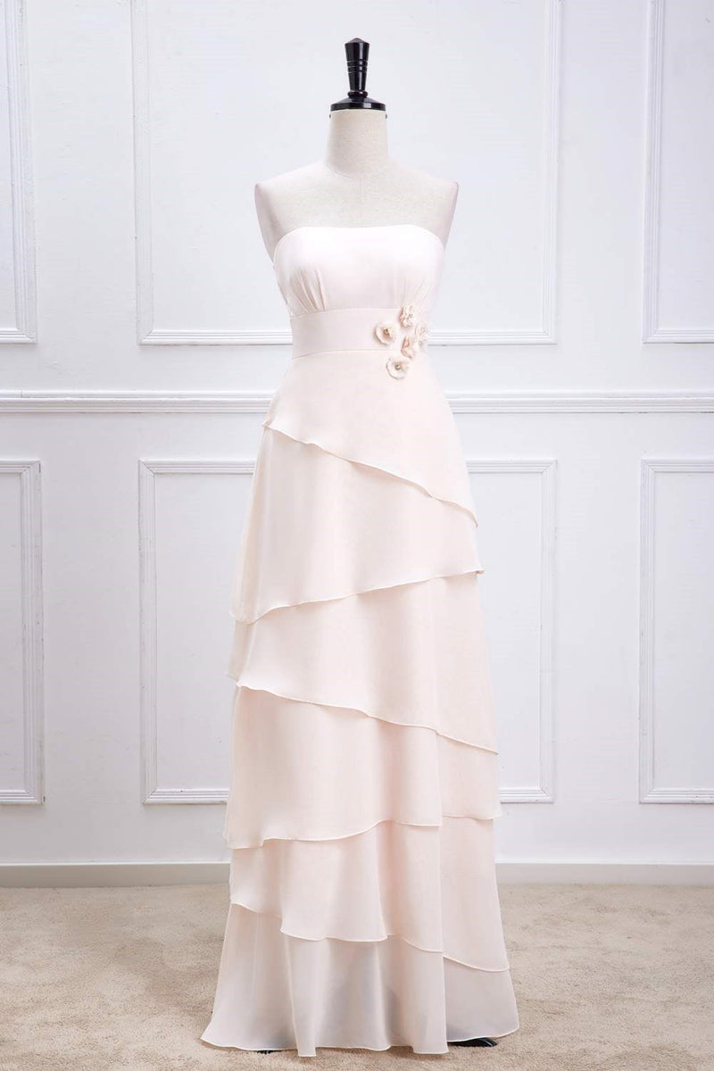 Strapless Peach Layered Chiffon Bridesmaid Dress with 3D Flowers