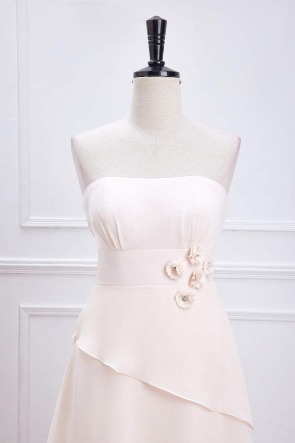Strapless Peach Layered Chiffon Bridesmaid Dress with 3D Flowers