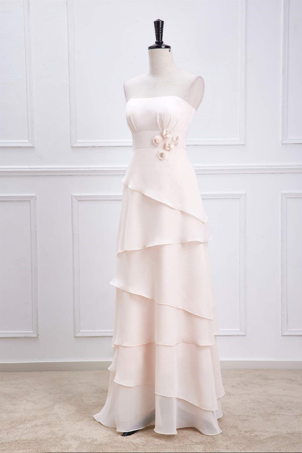 Strapless Peach Layered Chiffon Bridesmaid Dress with 3D Flowers FancyVestido Strapless Peach Layered Chiffon Bridesmaid Dress with 3D Flowers FancyVestido