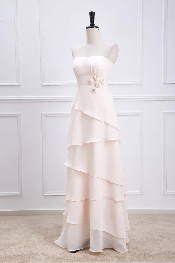 Strapless Peach Layered Chiffon Bridesmaid Dress with 3D Flowers
