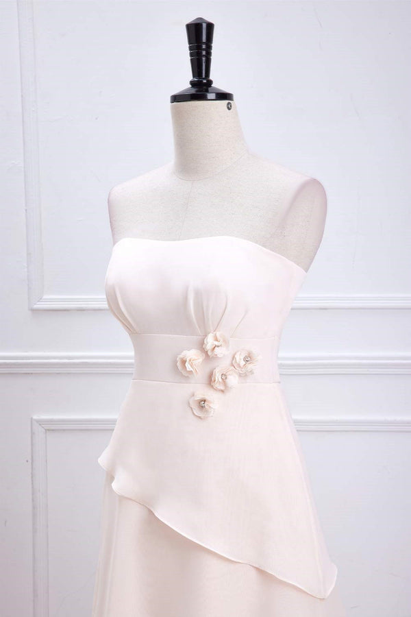 Strapless Peach Layered Chiffon Bridesmaid Dress with 3D Flowers