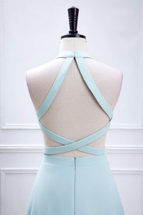 Aqua Blue Halter Chiffon Long Bridesmaid Dress with Slit