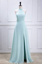 Aqua Blue Halter Chiffon Long Bridesmaid Dress with Slit