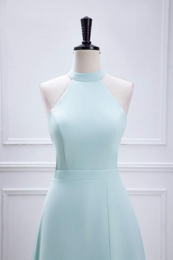 Aqua Blue Halter Chiffon Long Bridesmaid Dress with Slit