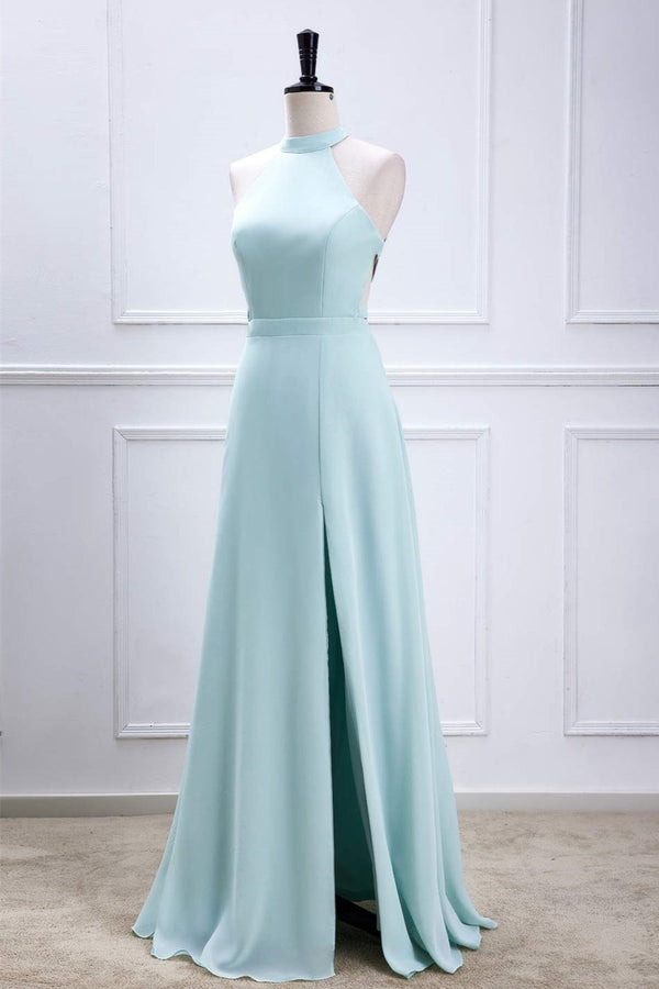 Aqua Blue Halter Chiffon Long Bridesmaid Dress with Slit