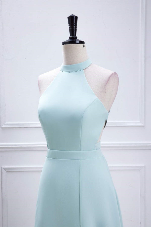 Aqua Blue Halter Chiffon Long Bridesmaid Dress with Slit