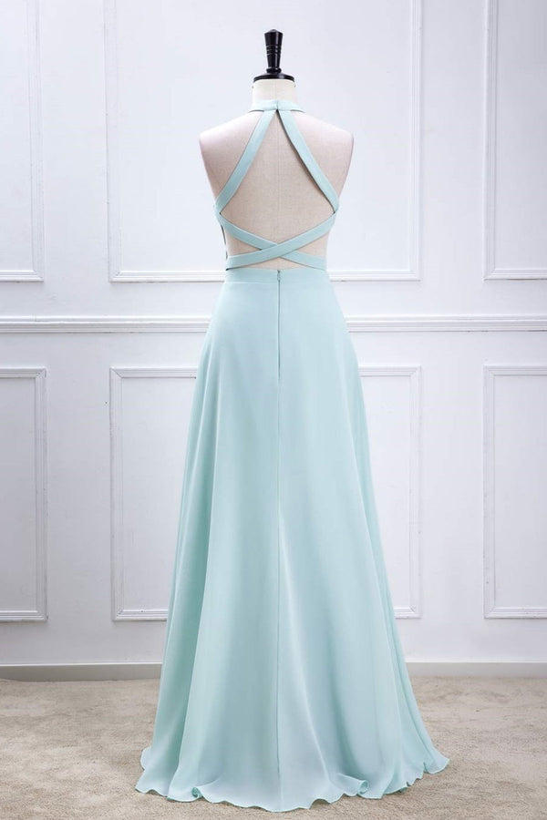Aqua Blue Halter Chiffon Long Bridesmaid Dress with Slit