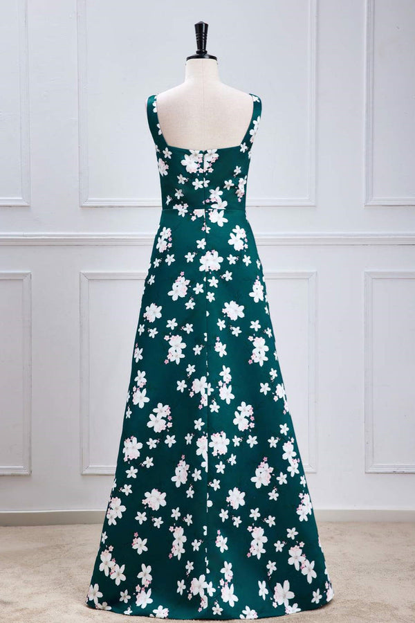 Square Neck Green Floral Print Long Bridesmaid Dress with Slit