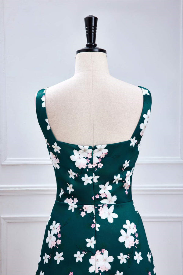 Square Neck Green Floral Print Long Bridesmaid Dress with Slit